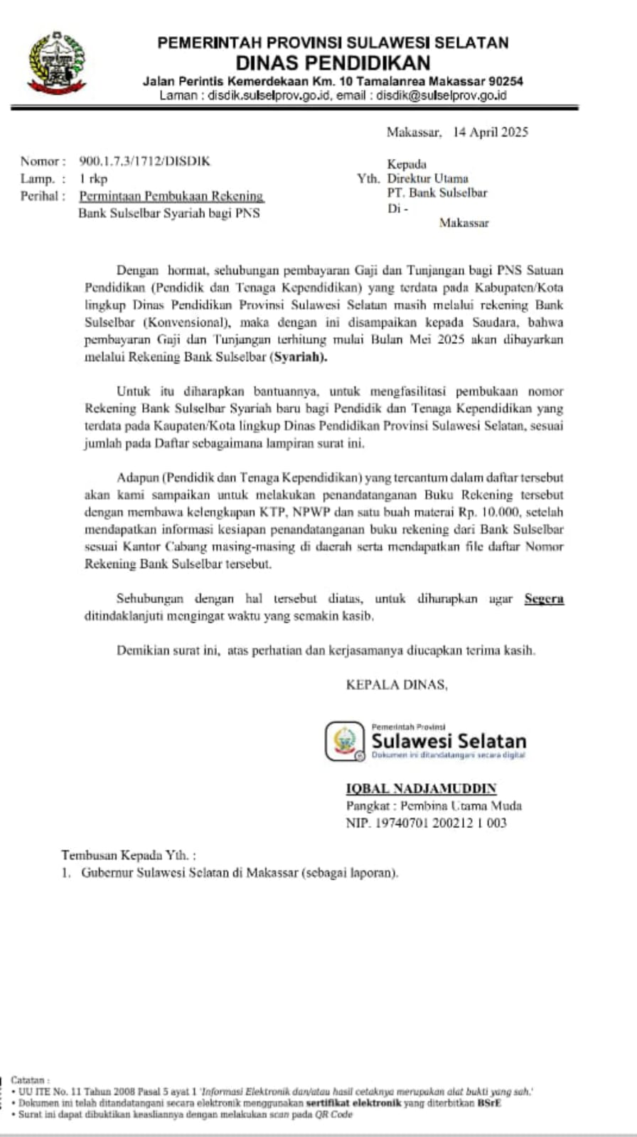 Perhatian! Gaji dan Tunjangan ASN Guru Dialihkan ke Bank Sulselbar Syariah