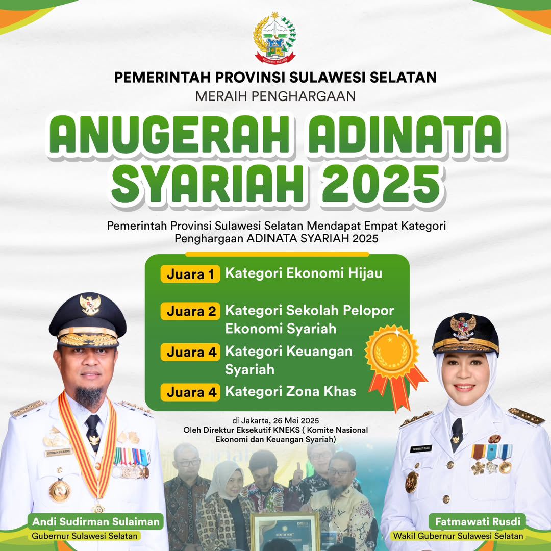 Pemprov Sulsel Borong Empat Penghargaan Adinata Syariah Tahun 2025
